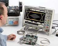 Figure 3. Using an Infiniium MSO9104A to probe the analog and digital signals of a wireless LAN access point.